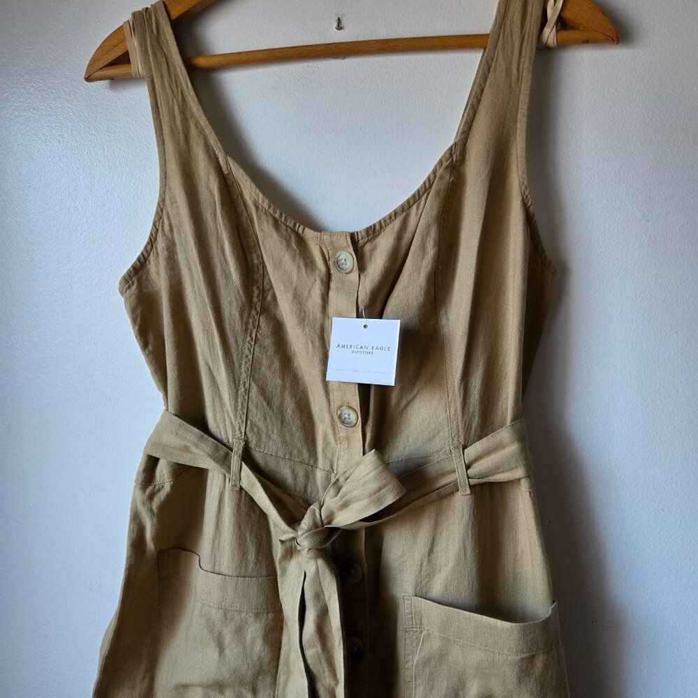 NWT AMERICAN EAGLE TAN LINEN BLEND BUTTONED JUMPSUIT SIZE M - Picture 3 of 16